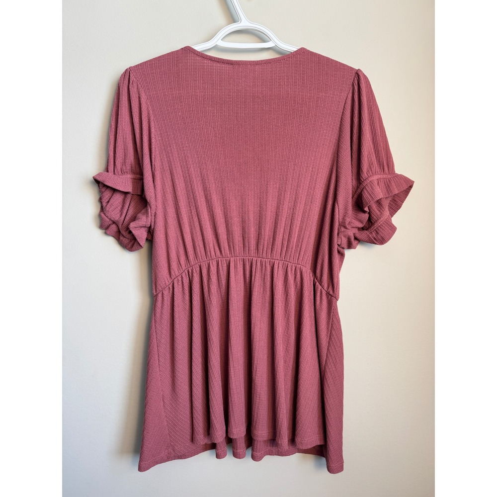 Torrid 0 Faux Wrap Ribbed Knit Peplum Top Puff Sleeve Pink Womens Feminine Boho - Picture 4 of 11